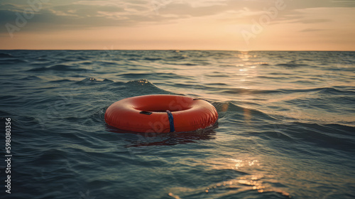 Safety equipment, lifebuoy floating on the sea to save people from drowning. Generative AI.