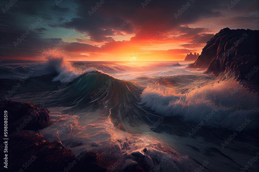 breathtaking view of sunset over a messy ocean coast, with waves rolling and crashing on the shore, created with generative ai
