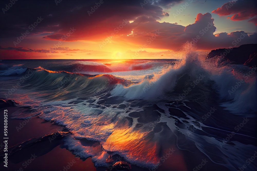 breathtaking view of sunset over a messy ocean coast, with waves rolling and crashing on the shore, created with generative ai