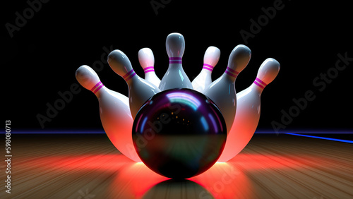 Fotografia Bowling ball hits all the skittles, neon light