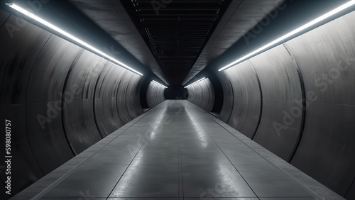 An underground tunnel with lighting and darkness at the end