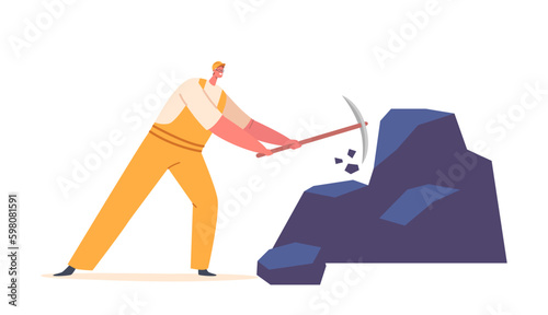Miner with Pickaxe Digging Soil Explore Fossil on Quarry Pit, Mineral Exploration, Coal Mining Industry Concept Generative AI