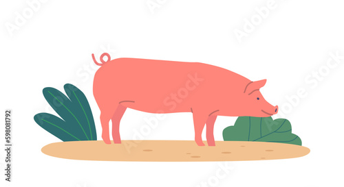 Pig Roaming Freely On A Grassy Field, Sniffing Around And Rooting In The Soil With Its Snout Cartoon Vector Illustration Generative AI