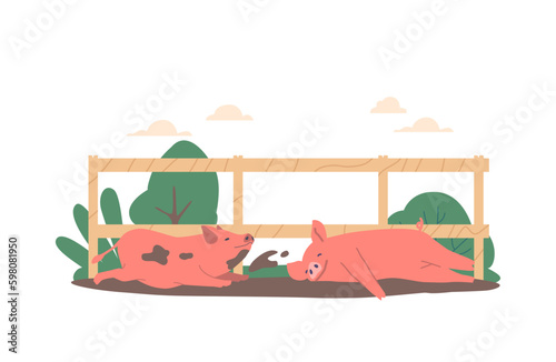 Pigs Relaxing In Mud Enjoying Their Natural Habitat, These Intelligent Animals Use Mud To Cool Off And Protect Skin Generative AI