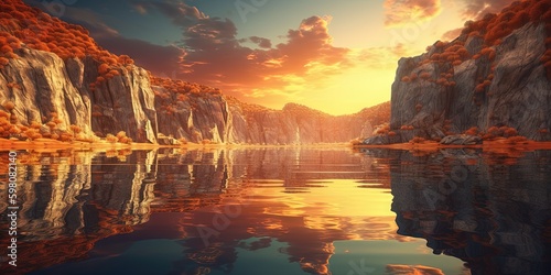 Mystical Lagoon A Serene Sunset Landscape with Majestic Cliffs and Water Reflection Artistic Zen Inspired Wallpaper, Generative AI