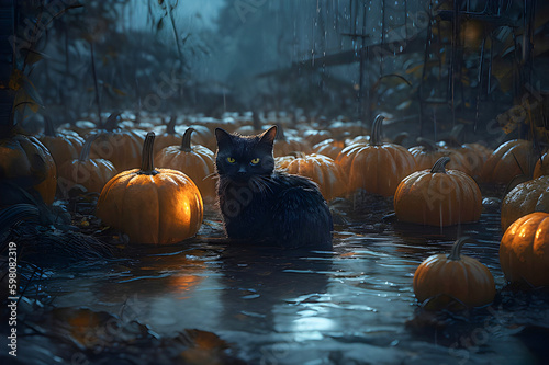 Get ready for a spooky Halloween with a pumpkin and a black cat