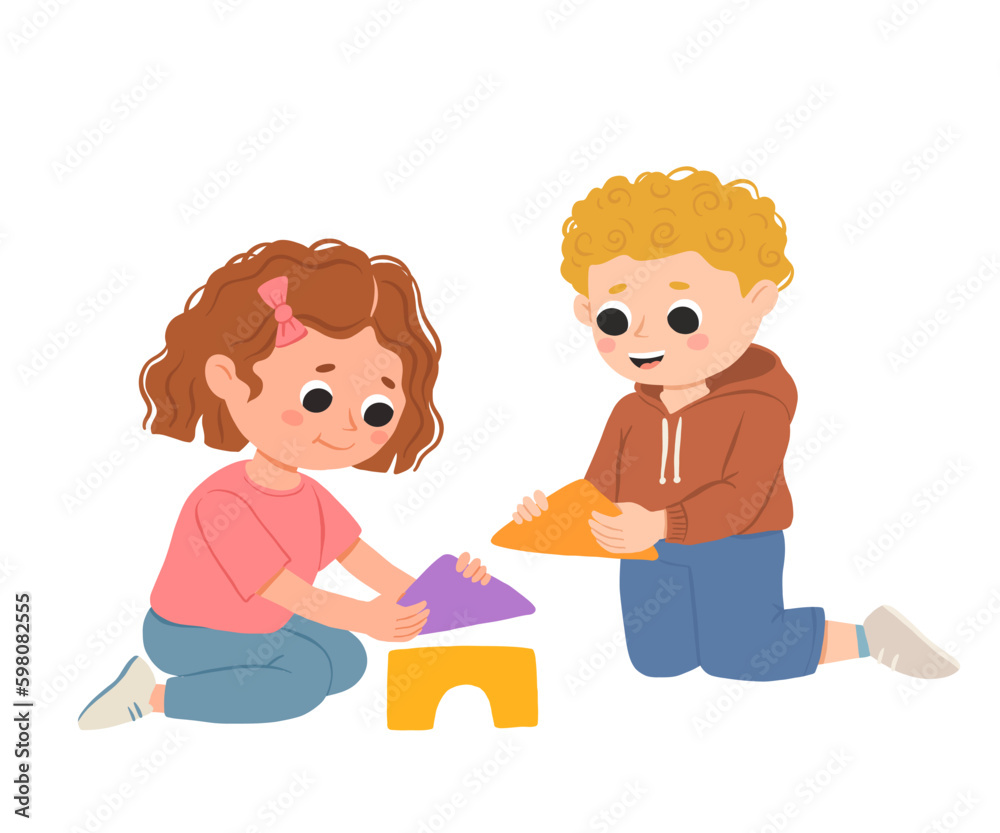 Cartoon happy girl and boy playing with blocks and smiling. Cute vector illustration isolated on white background.
