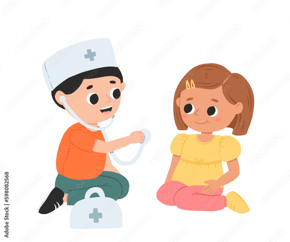 Cartoon happy girl and boy playing doctor and smiling. Cute vector illustration isolated on white background. Cartoon happy girl and boy playing doctor and smiling. Cute vector illustration isolated on white background.