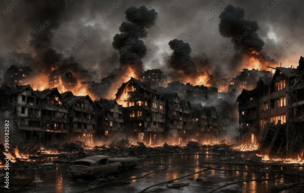 The destroyed city houses on fire during the war. Generative AI.