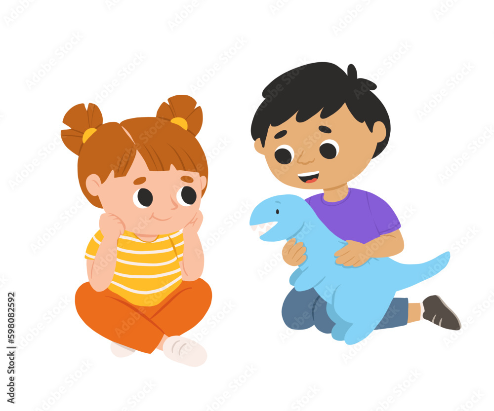 Cartoon happy girl and boy playing with dino and smiling. Cute vector illustration isolated on white background. Cartoon happy girl and boy playing with dino and smiling. Cute vector illustration isolated on white background.