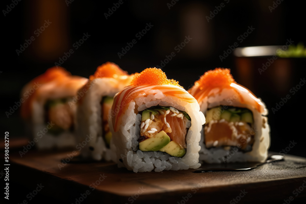 Japanese sushi rolls served in a sophisticated style. AI generated Japanese sushi rolls served in a sophisticated style. AI generated