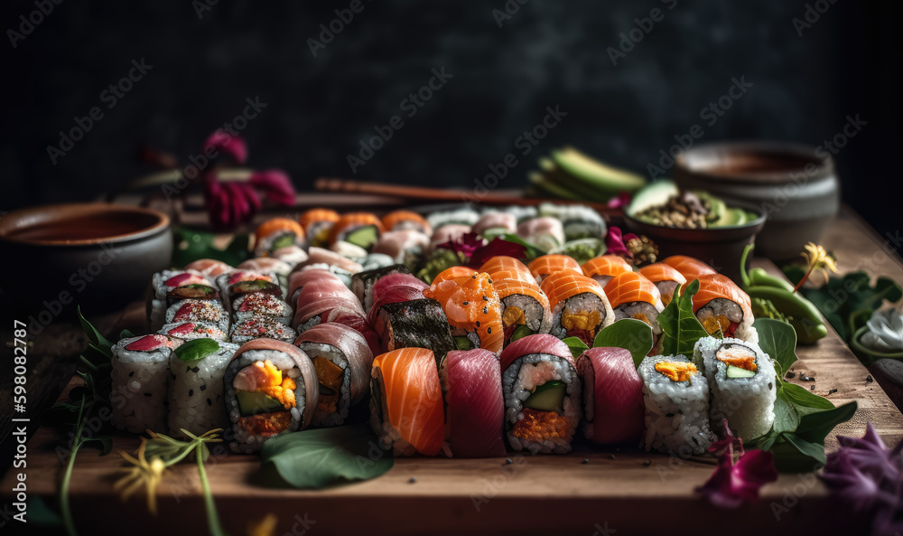 sushi rolls, served on a traditional Japanese platter. AI generated