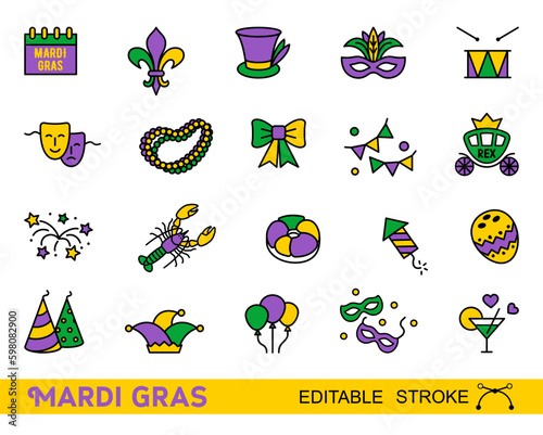 Mardi Gras carnival set icons with editable stroke, design element , linear style.