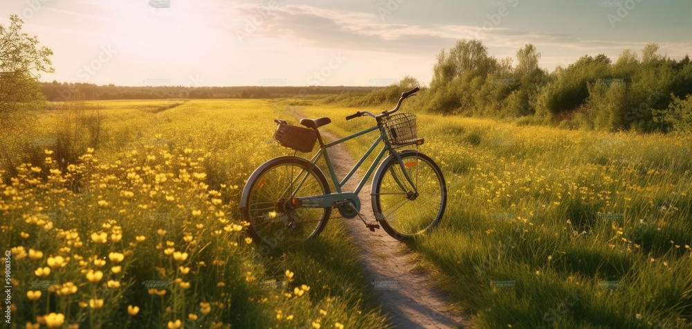 Beautiful spring summer natural landscape with a bicycle on a flowering meadow against a blue sky with clouds on a bright sunny day. Created using generative AI.