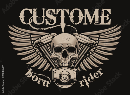 Vector vintage illustration skull biker with engine and wings