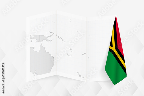 A grayscale map of Vanuatu with a hanging Vanuatu flag on one side. Vector map for many types of news.