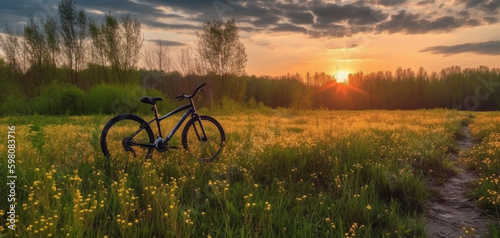 Beautiful spring summer natural landscape with a bicycle on a flowering meadow against a blue sky with clouds on a bright sunny day. Created using generative AI.