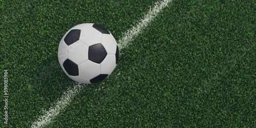 3D Traditional soccer ball on the line on field on a 3D Soccer Stadium