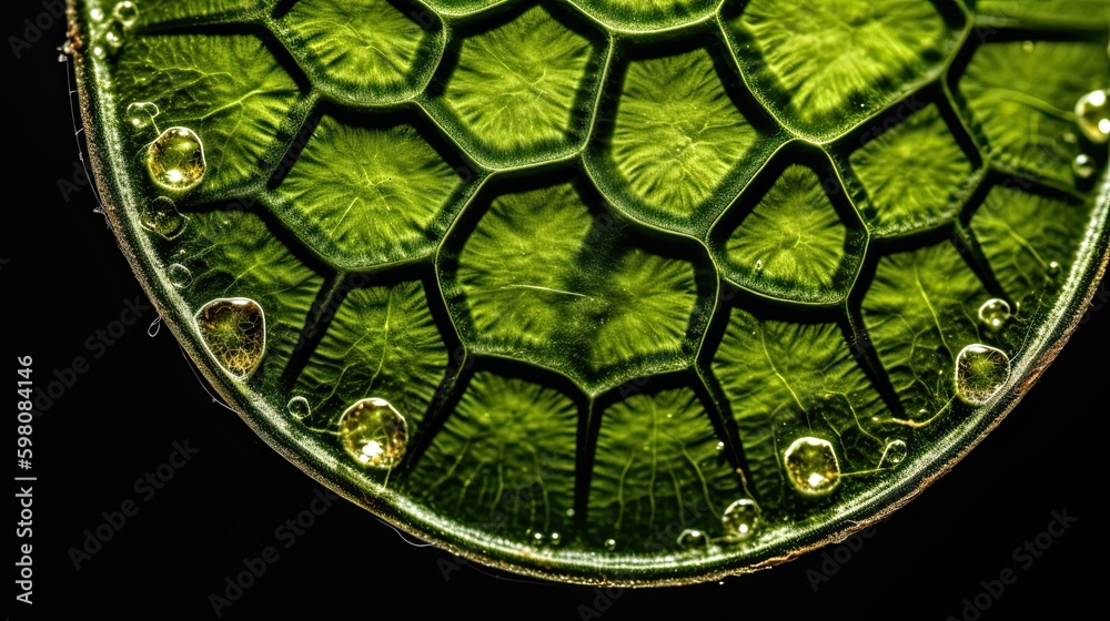 Glimpsing the Incredible Process of Photosynthesis: An Up-Close Look at Green Chlorophyll-Filled Plant Cells. Generative AI