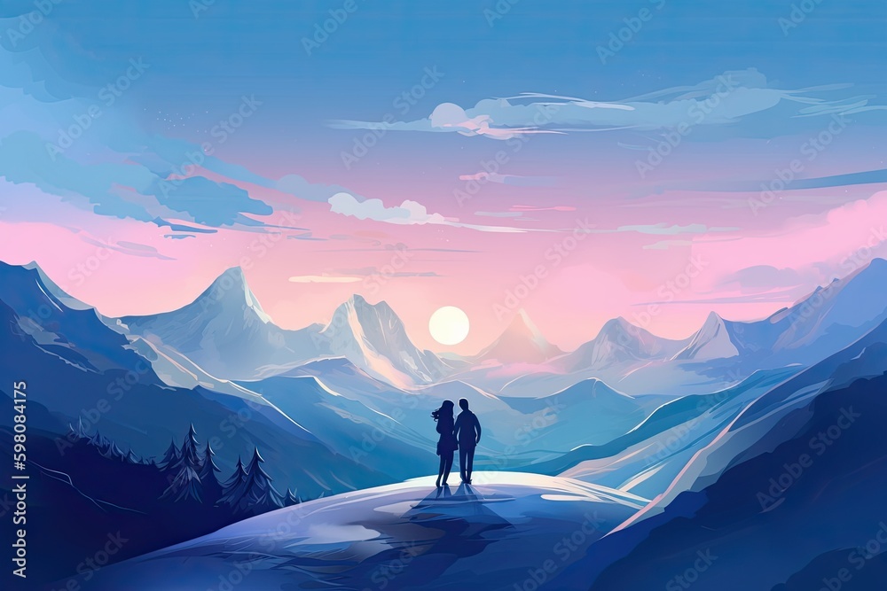 Romantic Valentine's Adventure: A Loving Couple Hugging and Kissing in a Blue Mountain Snowscape: Generative AI