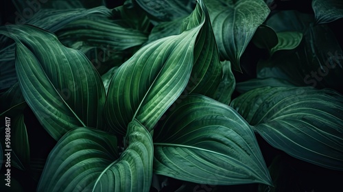 Hosta Foliage Closeup: Nature's Tropical Leaf Design in Abstract Green Texture Background, Generative AI