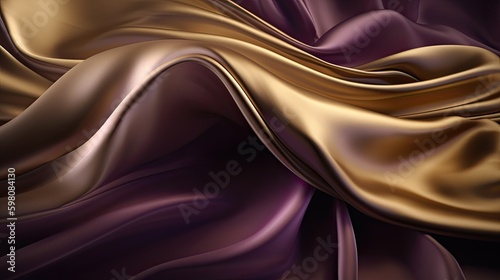 Luxurious Abstract Softness: A Wave of Smooth Purple and Gold Silk Fabric with Radiant Folds, Generative AI