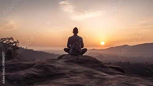 Man Reaches Peaceful Zen through Yoga and Meditation at Sunset. Generative AI © AIGen