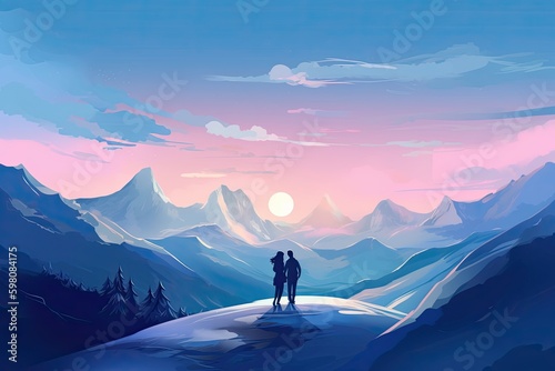 Romantic Valentine's Adventure: A Loving Couple Hugging and Kissing in a Blue Mountain Snowscape: Generative AI
