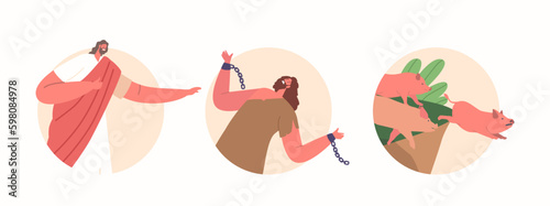 Bible Narrative Isolated Round Icons of Jesus Casts Demons Into Pigs That Then Jump Off A Cliff And Drown In The Sea Generative AI