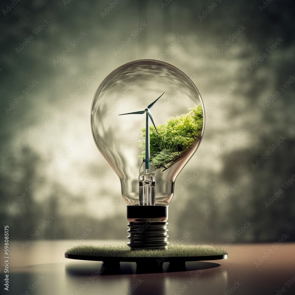 Lightbulb with Wind Turbine and Tress/Foliage Growing Inside of It ...
