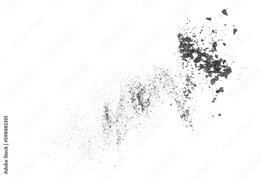 Black charcoal dust, gunpowder,  with effect fragments explosion isolated on white background and texture, top view
