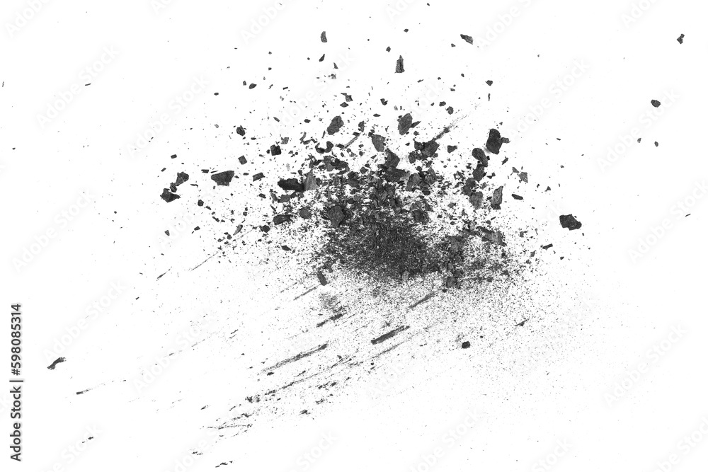 Black charcoal dust, gunpowder, with effect fragments explosion