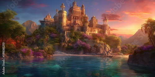 Castillo rodeado de aguas cristalinas y palmeras exuberantes IA generativa. Castillo hermoso paisaje.