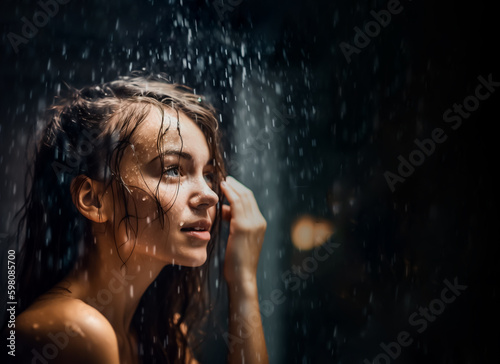 Beautiful woman in a shower  dark mood  with water falling softly on her hair  shallow depth of field  Illustrative Generative AI. not a real person.