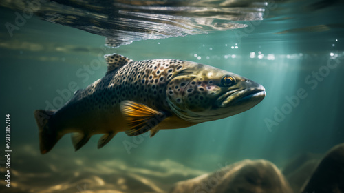 Brown trout, underwater photo, preparing for spawning in its natural river habitat, shallow depth of field, Illustrative Generative AI
