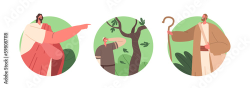 Isolated Round Icons with Jesus Christ and Disciple Characters. Messiah Curses Fig Tree For Bearing No Fruit Generative AI