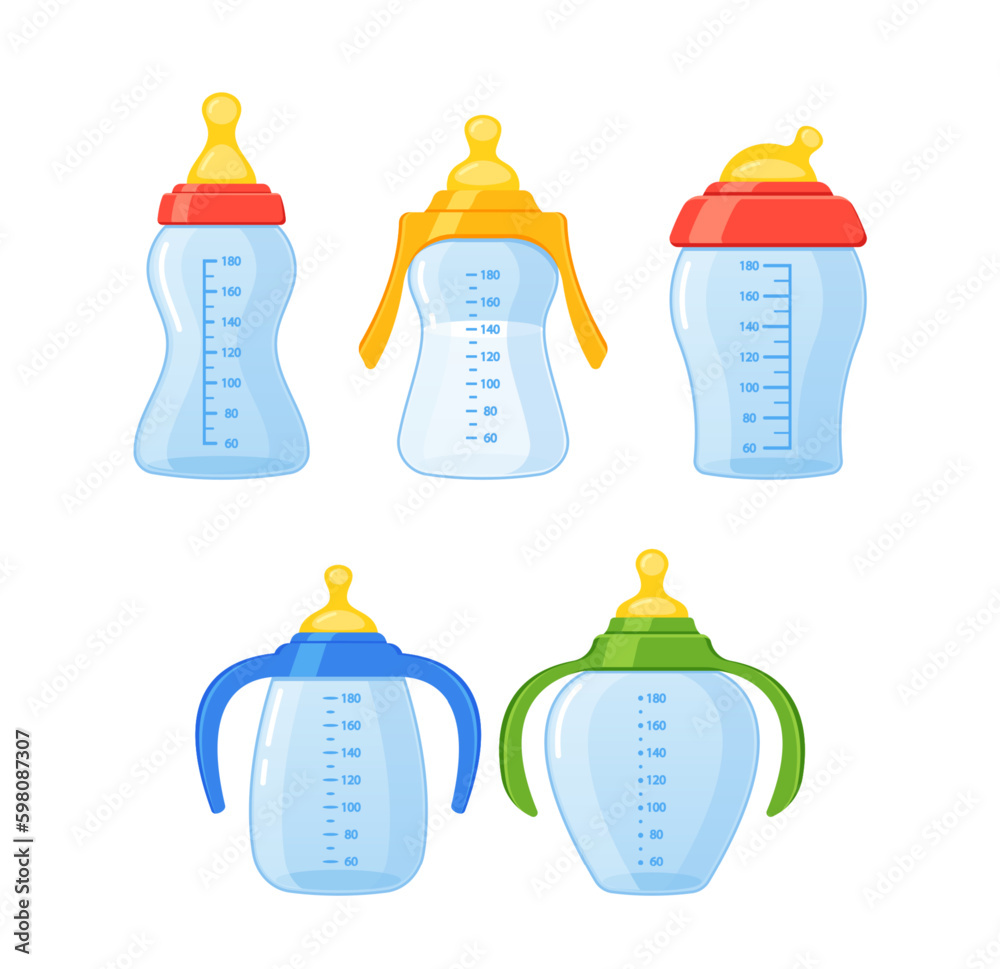 Collection Of Colorful Baby Milk Bottles of Different Sizes and Shapes. Each Has A Nipple And Cap, Vector Illustration Generative AI