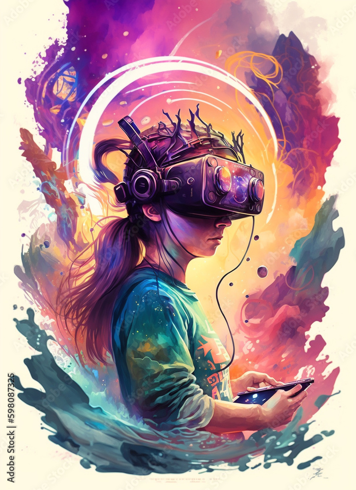 Illustration of a woman with virtual reality, Generative AI