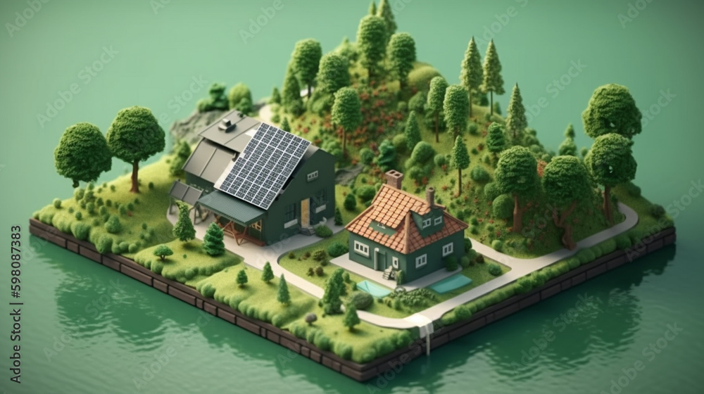 Naklejka premium Isometric Dioramas of Solar Panels and Green Energy Powering a Green Utopia, Clean ESG and Renewable Energy Concept, Generative AI