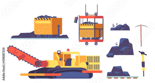 Set Of Coal Mining Equipment Includes Conveyor, Excavator, Loader, Dragline, Shovels, Pickaxe, Sledgehammer Generative AI