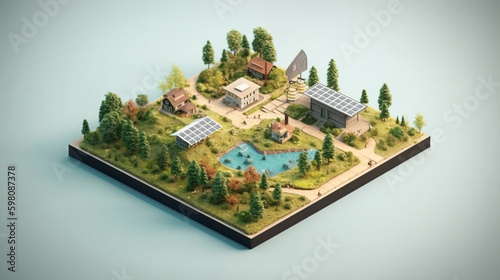 Isometric Dioramas of Solar Panels and Green Energy Powering a Green Utopia, Clean ESG and Renewable Energy Concept, Generative AI