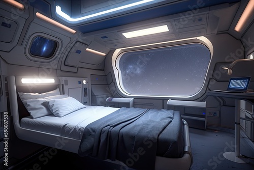 spaceship bedroom, with view of endless stars and planets, created with generative ai