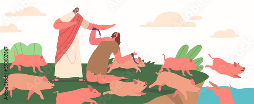 Jesus Christ Character Expelled Demon From Possessed Man Into A Group Of Swine, Causing Them To Stampede Into The Sea Generative AI