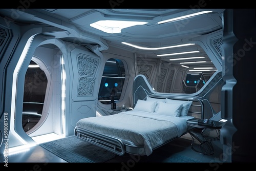 futuristic bedroom with view of the stars, and futuristic interior details, created with generative ai