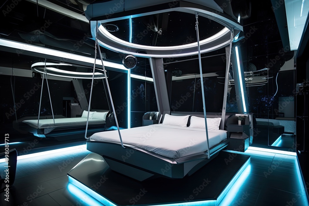 Obraz premium futuristic bedroom with suspended bed and view of stars, created with generative ai
