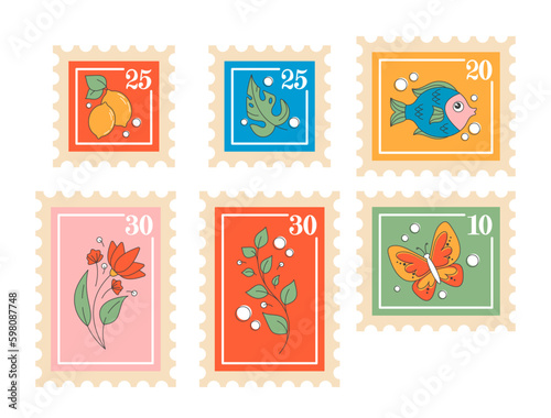 Postal Stamps with Flowers, Lemon, Fish, Plant and Butterfly Designs Suitable For Collectors And Everyday Use Generative AI