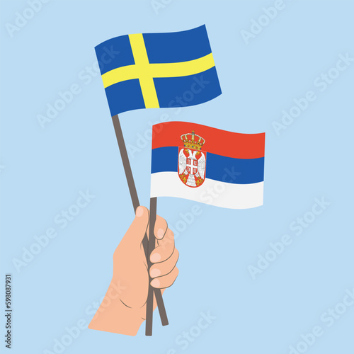 Flags of Sweden and Serbia, Hand Holding flags