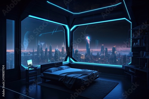 sci-fi bedroom with view of the stars, or futuristic city lights visible through the window, created with generative ai