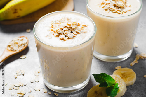 Banana Smoothie with Oats, Healthy Food, Detox, Vegan or Vegetarian Diet Food Concept
