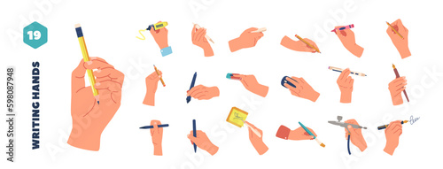 Set of Hand with Writing Tools and Items, Pen, Pencil, Quill Pen or Paintbrush, Eraser, Computer Mouse, Stylus Isolated Generative AI